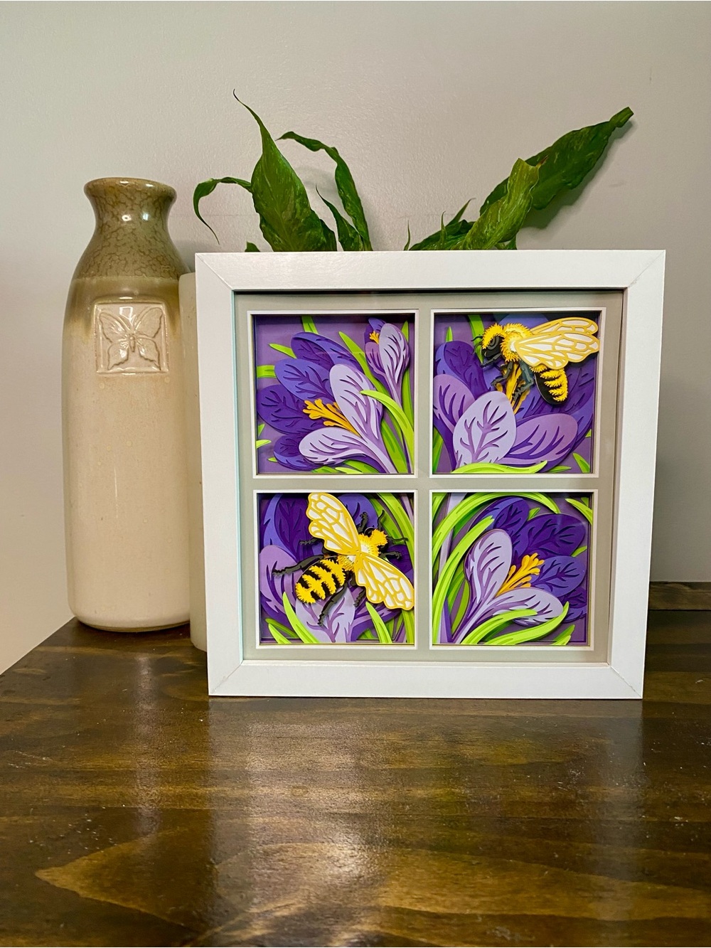 3D Bee Purple Crocus Flowers Spring Shadowbox